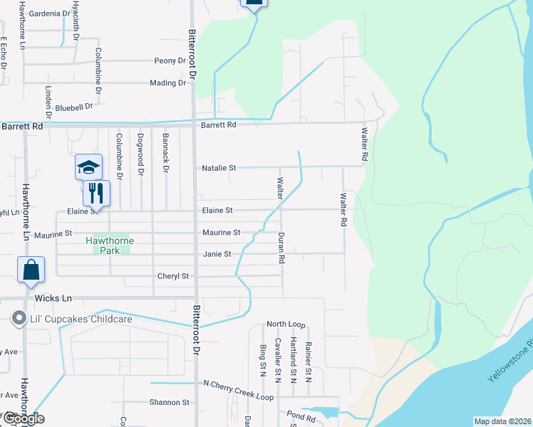 map of restaurants, bars, coffee shops, grocery stores, and more near 1740 Elaine Street in Billings