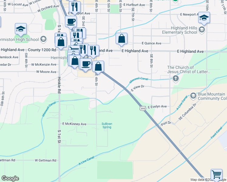 map of restaurants, bars, coffee shops, grocery stores, and more near 1150 U.S. 395 in Hermiston