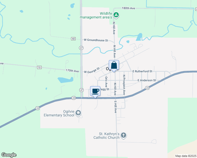 map of restaurants, bars, coffee shops, grocery stores, and more near 204 North Ciro Avenue in Ogilvie