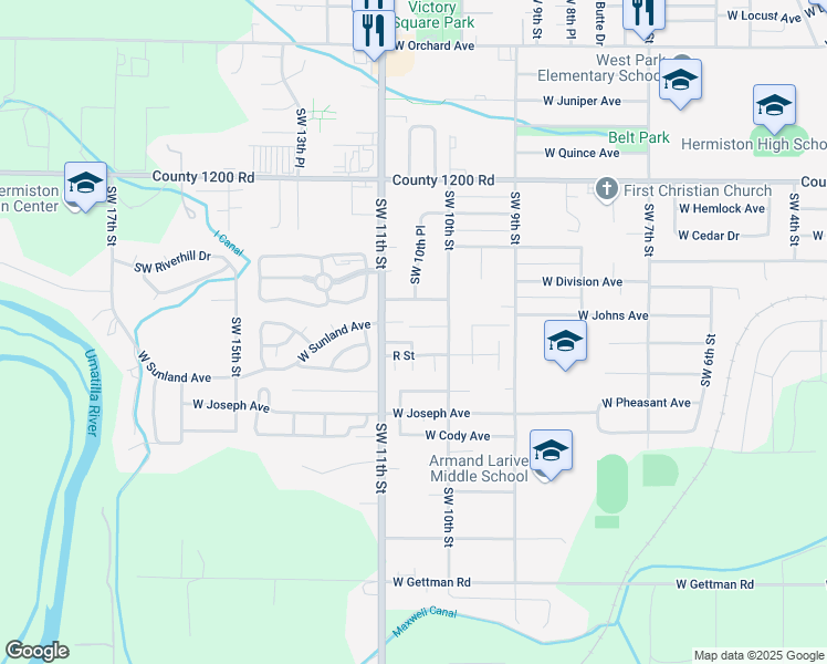 map of restaurants, bars, coffee shops, grocery stores, and more near 62 H Street in Hermiston