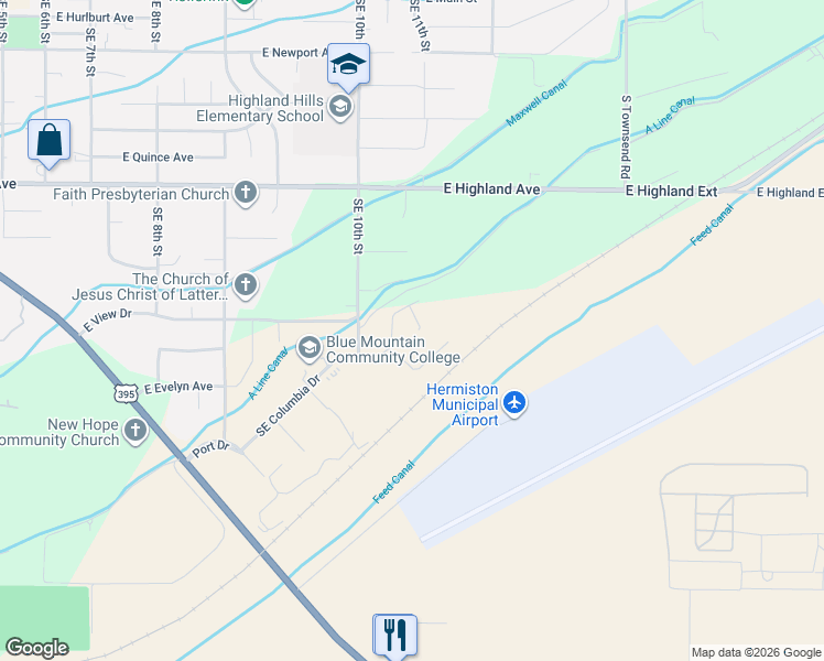 map of restaurants, bars, coffee shops, grocery stores, and more near 1085 Southeast 10th Street in Hermiston