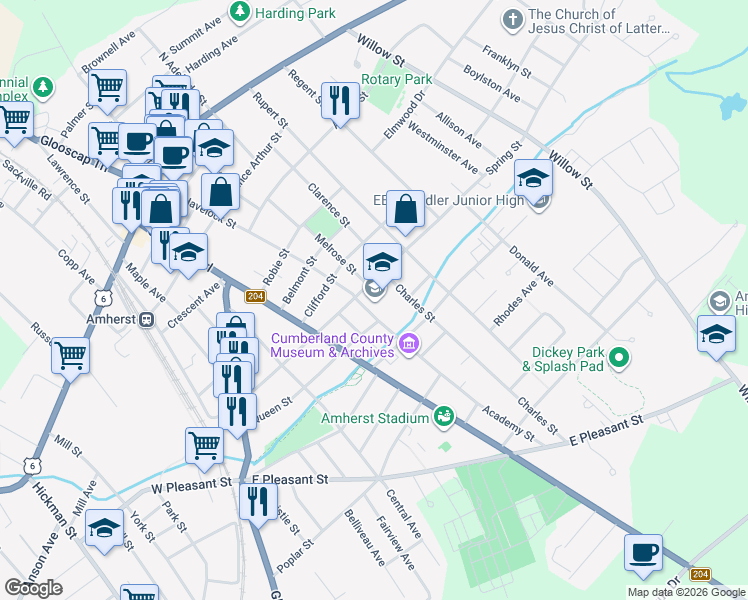 map of restaurants, bars, coffee shops, grocery stores, and more near 63 Spring Street in Amherst
