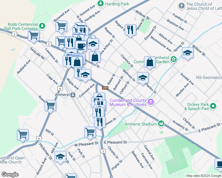 map of restaurants, bars, coffee shops, grocery stores, and more near 102 Church Street in Amherst