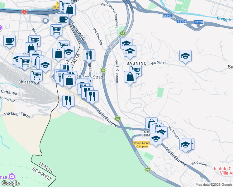 map of restaurants, bars, coffee shops, grocery stores, and more near 8 Via San Giacomo in Como
