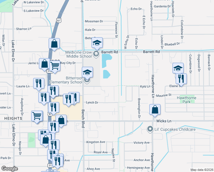 map of restaurants, bars, coffee shops, grocery stores, and more near 1084 Kyhl Lane in Billings