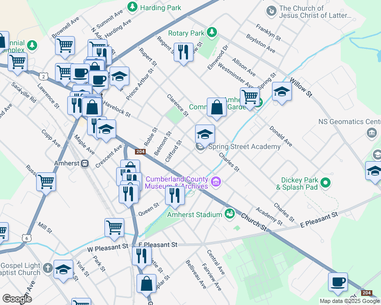 map of restaurants, bars, coffee shops, grocery stores, and more near 62 Spring Street in Amherst