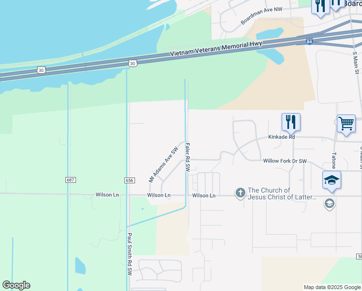 map of restaurants, bars, coffee shops, grocery stores, and more near 705 Mount Adams Avenue Southwest in Boardman
