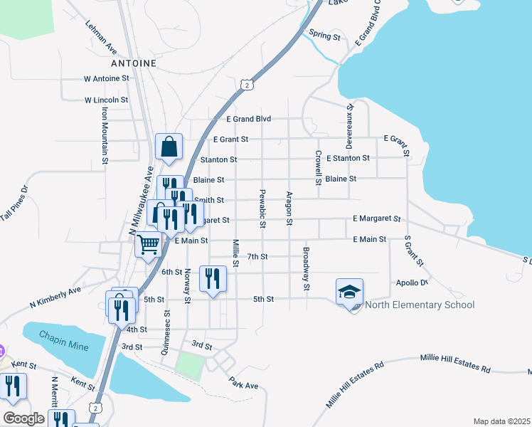 map of restaurants, bars, coffee shops, grocery stores, and more near 600 East Margaret Street in Iron Mountain
