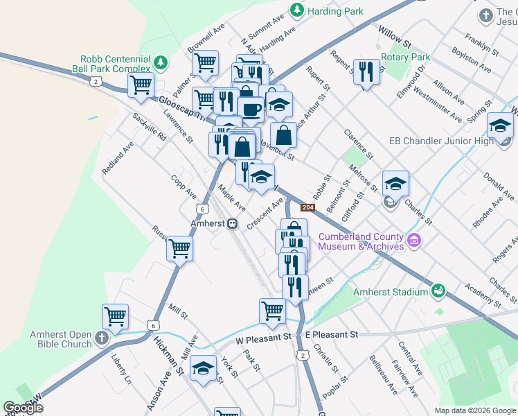map of restaurants, bars, coffee shops, grocery stores, and more near 24 Crescent Avenue in Amherst