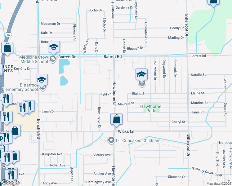 map of restaurants, bars, coffee shops, grocery stores, and more near 8087 Hawthorne Lane in Billings