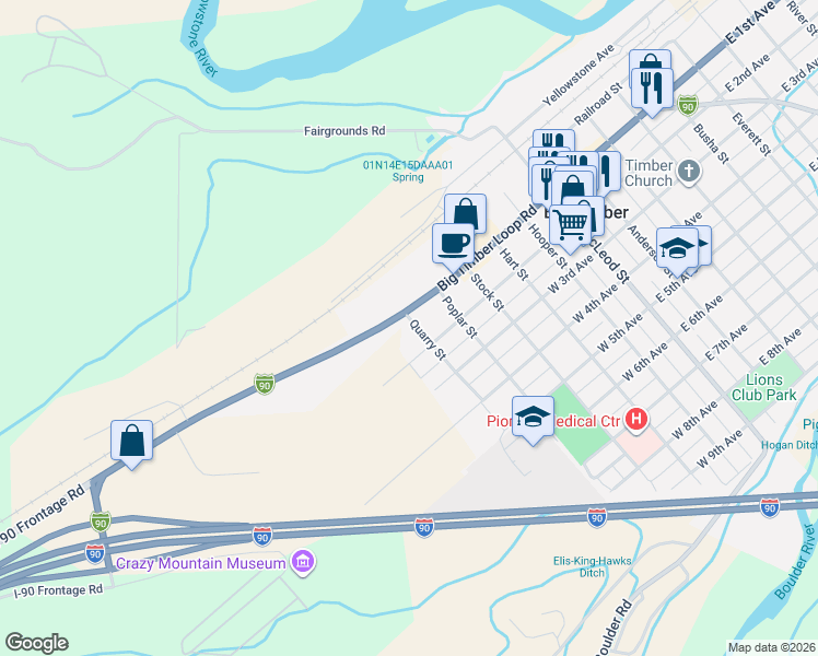 map of restaurants, bars, coffee shops, grocery stores, and more near 519 West 1st Avenue in Big Timber