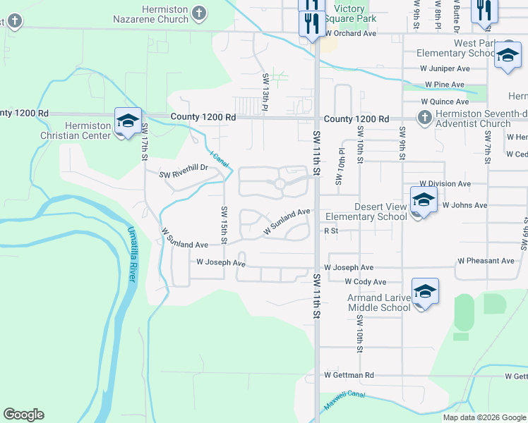 map of restaurants, bars, coffee shops, grocery stores, and more near 12 Sage Court in Hermiston