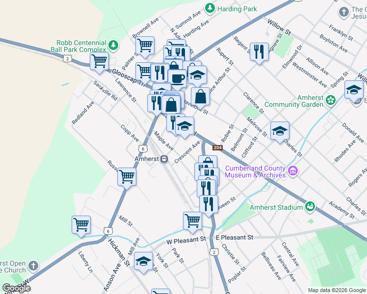 map of restaurants, bars, coffee shops, grocery stores, and more near 24 Crescent Avenue in Amherst