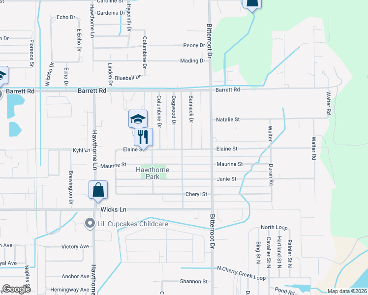 map of restaurants, bars, coffee shops, grocery stores, and more near 1516 Elaine Street in Billings
