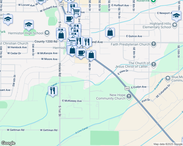 map of restaurants, bars, coffee shops, grocery stores, and more near 1100 South Highway 395 in Hermiston
