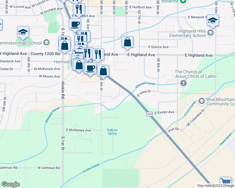 map of restaurants, bars, coffee shops, grocery stores, and more near 1150 South Highway 395 in Hermiston