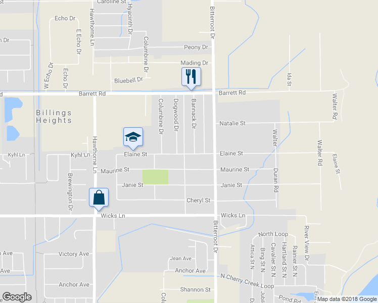 map of restaurants, bars, coffee shops, grocery stores, and more near 1507 Elaine Street in Billings