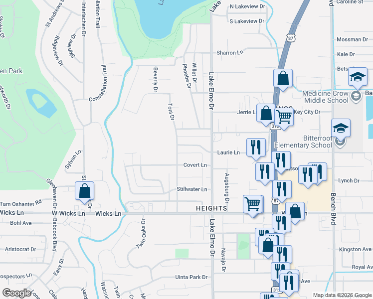 map of restaurants, bars, coffee shops, grocery stores, and more near 315 Covert Lane in Billings