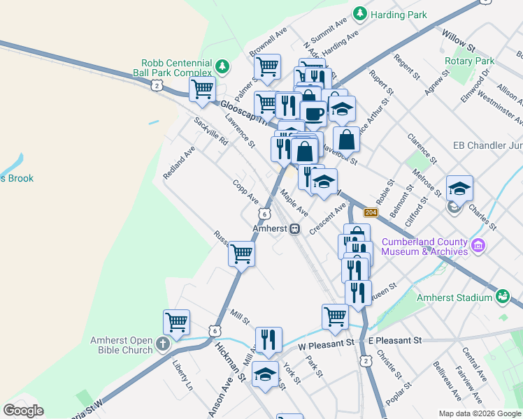 map of restaurants, bars, coffee shops, grocery stores, and more near 9 Victoria Street West in Amherst