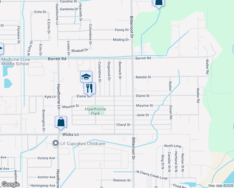 map of restaurants, bars, coffee shops, grocery stores, and more near 1516 Elaine Street in Billings