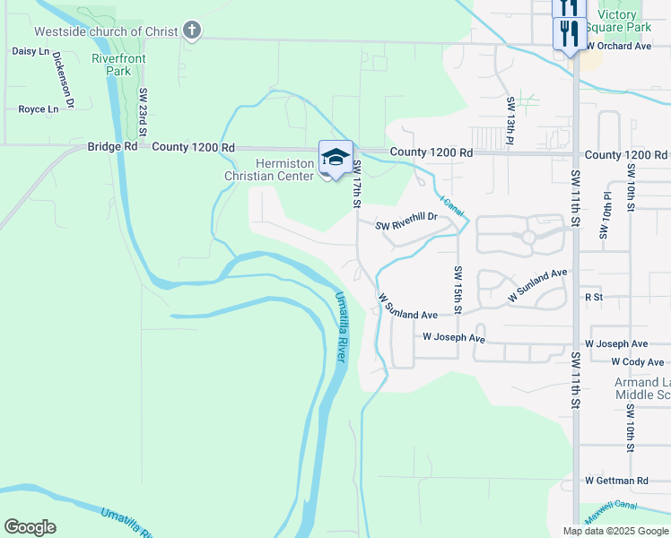 map of restaurants, bars, coffee shops, grocery stores, and more near 1020 Southwest 17th Street in Hermiston