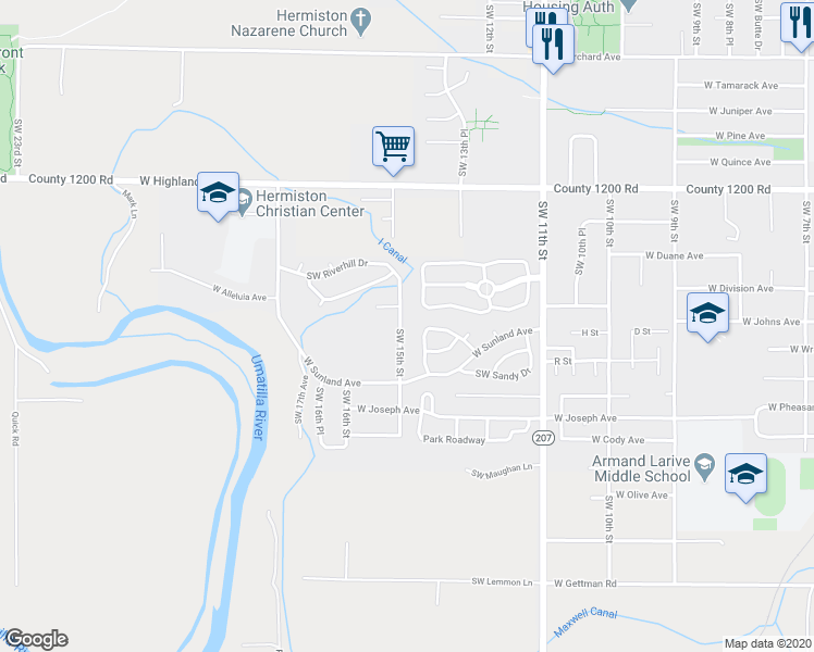 map of restaurants, bars, coffee shops, grocery stores, and more near 1382 Southwest Riverhill Drive in Hermiston