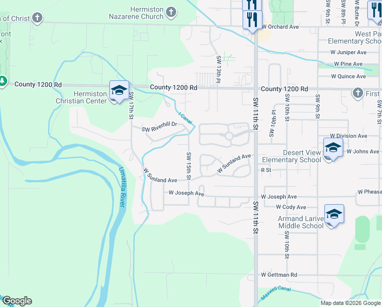 map of restaurants, bars, coffee shops, grocery stores, and more near 1382 Southwest Riverhill Drive in Hermiston
