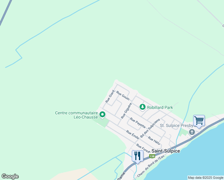 map of restaurants, bars, coffee shops, grocery stores, and more near 263 Rue Giard in Saint-Sulpice