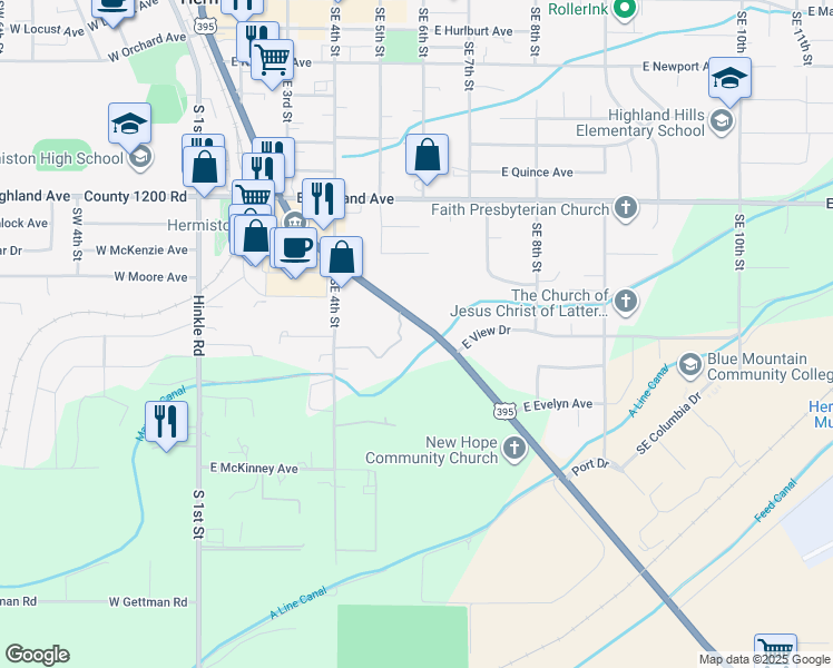 map of restaurants, bars, coffee shops, grocery stores, and more near 1150 South Highway 395 in Hermiston