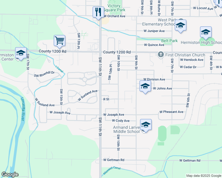 map of restaurants, bars, coffee shops, grocery stores, and more near 62 H Street in Hermiston