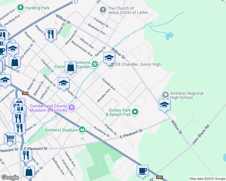 map of restaurants, bars, coffee shops, grocery stores, and more near 33 Donald Avenue in Amherst