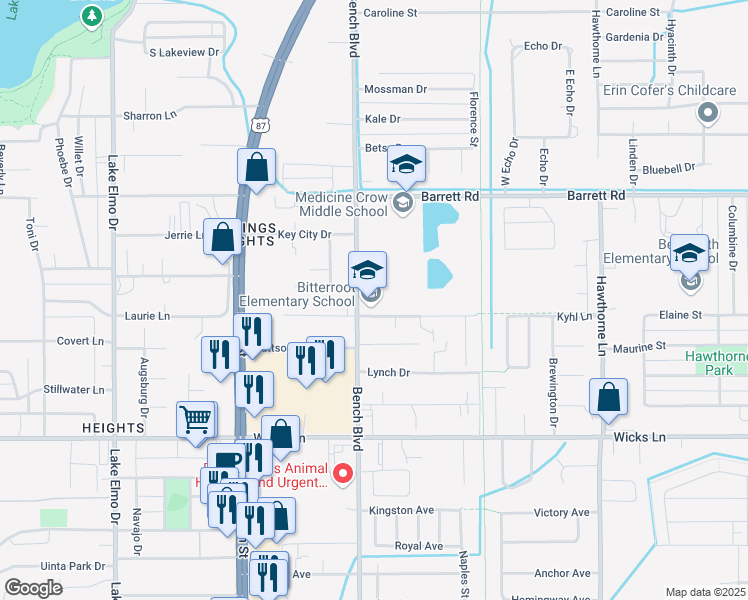 map of restaurants, bars, coffee shops, grocery stores, and more near 1801 Bench Boulevard in Billings
