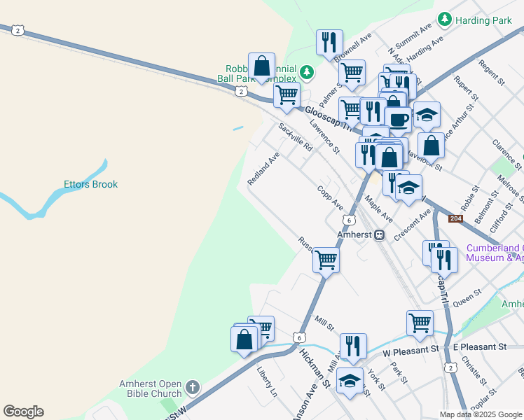 map of restaurants, bars, coffee shops, grocery stores, and more near 44 Russell Street in Amherst