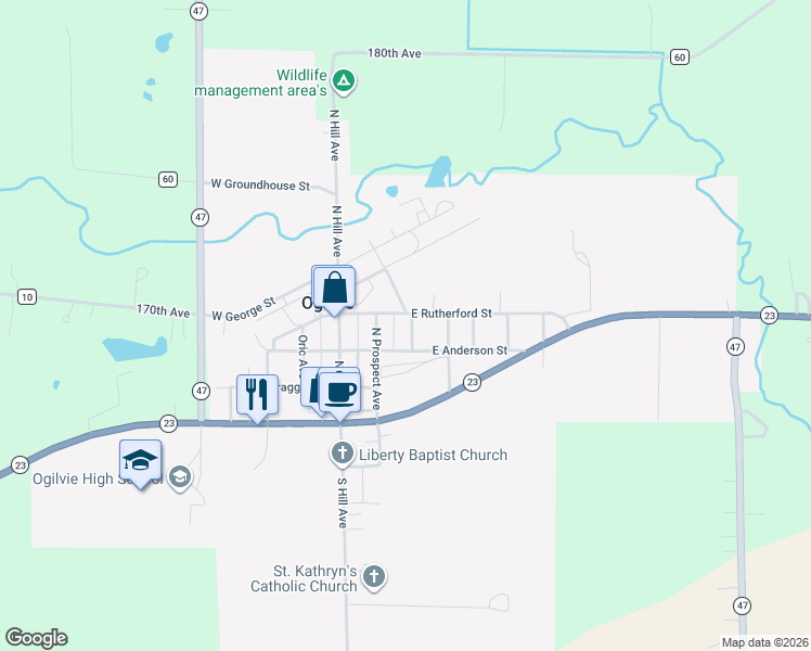 map of restaurants, bars, coffee shops, grocery stores, and more near 307 East Anderson Street in Ogilvie