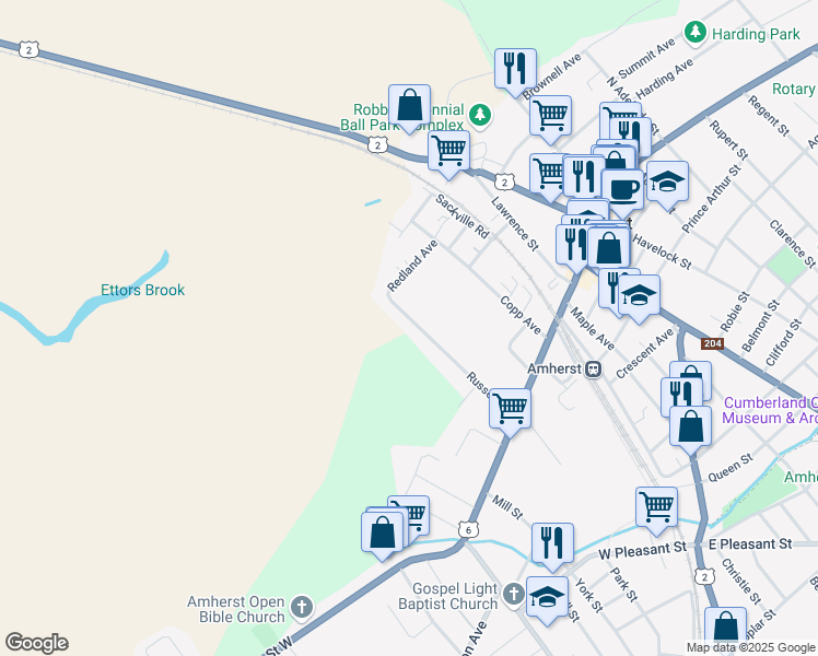 map of restaurants, bars, coffee shops, grocery stores, and more near 44 Russell Street in Amherst