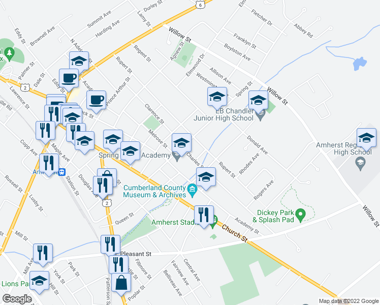 map of restaurants, bars, coffee shops, grocery stores, and more near 10 Charles Street in Amherst
