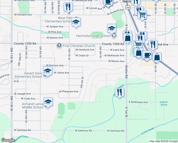 map of restaurants, bars, coffee shops, grocery stores, and more near 565 West Division Avenue in Hermiston