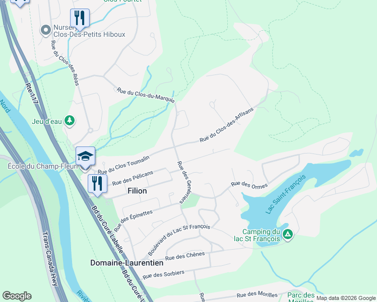 map of restaurants, bars, coffee shops, grocery stores, and more near 1345 Rue du Clos-des-Artisans in Prévost