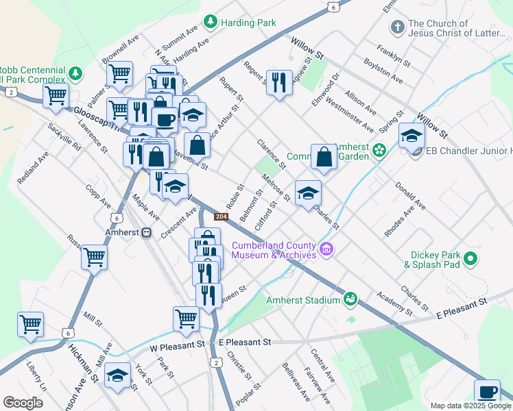 map of restaurants, bars, coffee shops, grocery stores, and more near 13 Belmont Street in Amherst