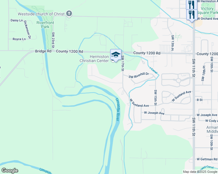 map of restaurants, bars, coffee shops, grocery stores, and more near 1020 Southwest 17th Street in Hermiston