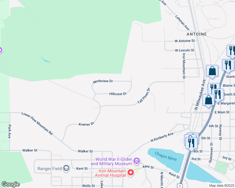 map of restaurants, bars, coffee shops, grocery stores, and more near 876 Hillcrest Drive in Iron Mountain