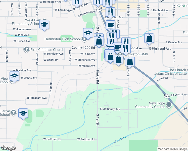 map of restaurants, bars, coffee shops, grocery stores, and more near 115 West Moore Avenue in Hermiston