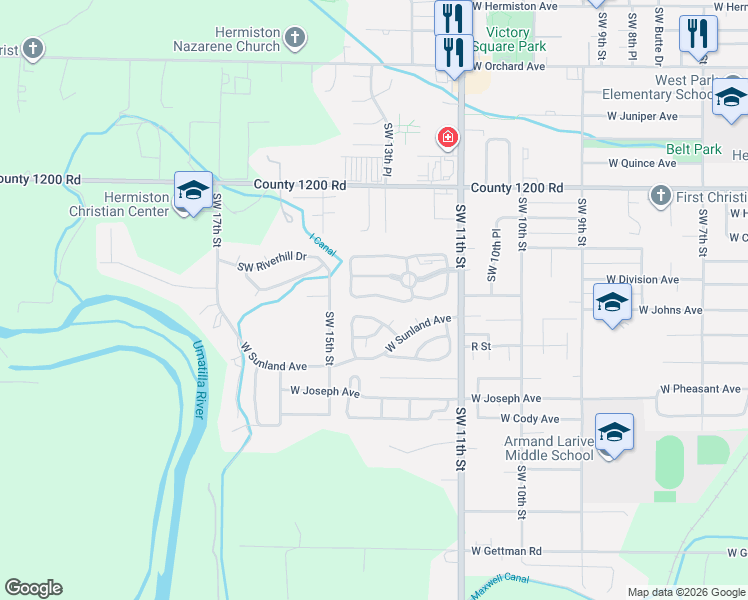 map of restaurants, bars, coffee shops, grocery stores, and more near 1030 Southwest 11th Street in Hermiston