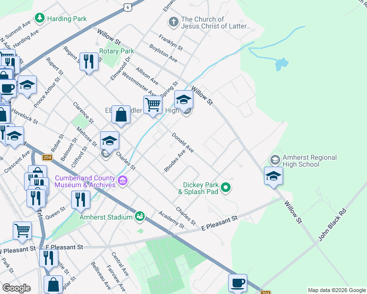 map of restaurants, bars, coffee shops, grocery stores, and more near 24 Rhodes Avenue in Amherst