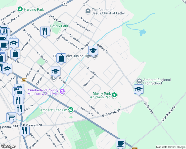 map of restaurants, bars, coffee shops, grocery stores, and more near 26 Donald Avenue in Amherst