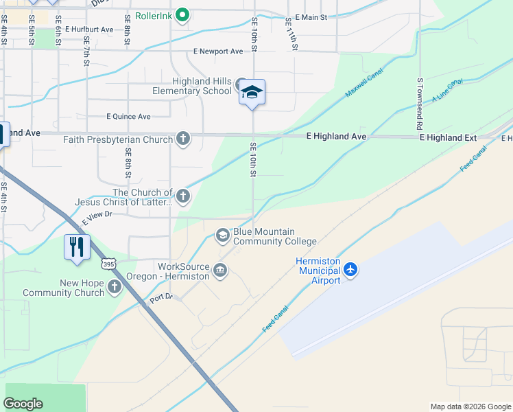 map of restaurants, bars, coffee shops, grocery stores, and more near 1085 Southeast 10th Street in Hermiston