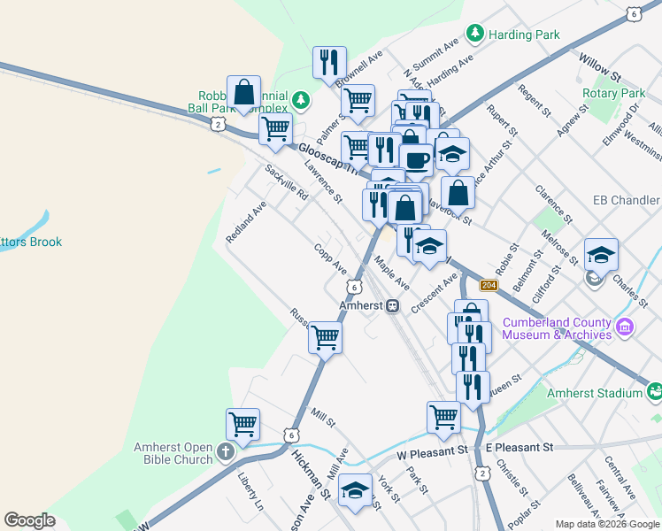 map of restaurants, bars, coffee shops, grocery stores, and more near 12 Copp Avenue in Amherst