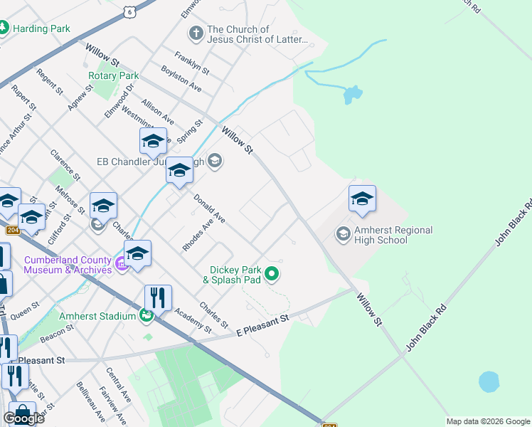 map of restaurants, bars, coffee shops, grocery stores, and more near 105 Willow Street in Amherst