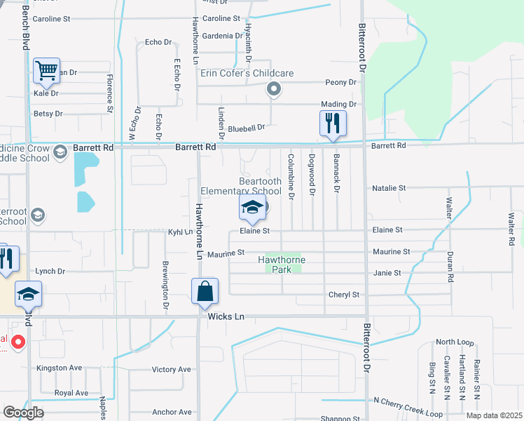 map of restaurants, bars, coffee shops, grocery stores, and more near 1345 Elaine Street in Billings