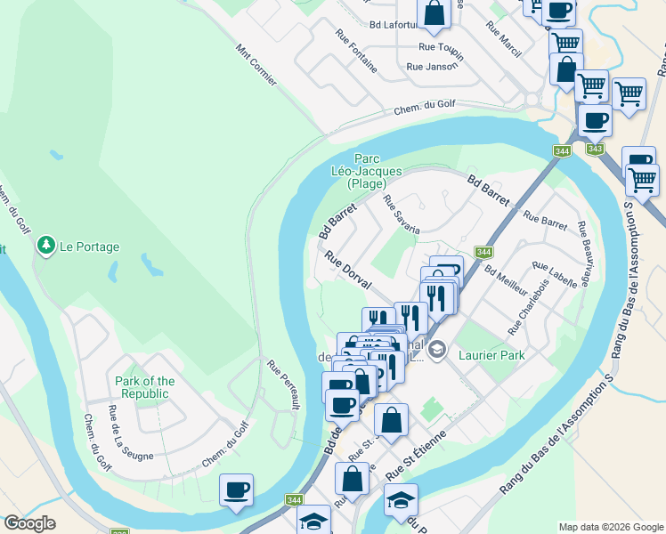 map of restaurants, bars, coffee shops, grocery stores, and more near 370 Rue Dorval in L'Assomption